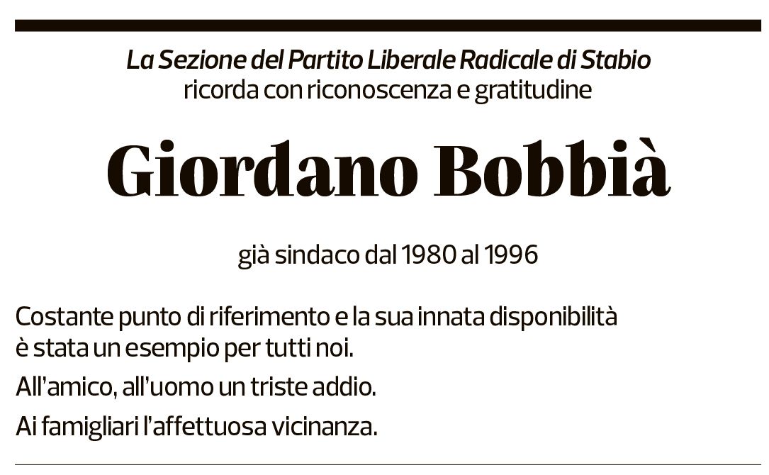 Annuncio funebre Giordano Bobbià