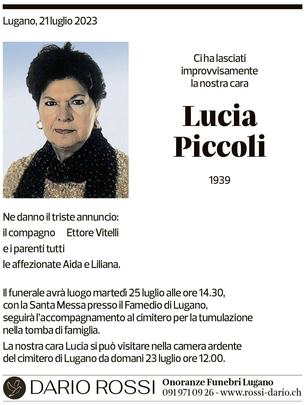 Annuncio funebre Lucia Piccoli