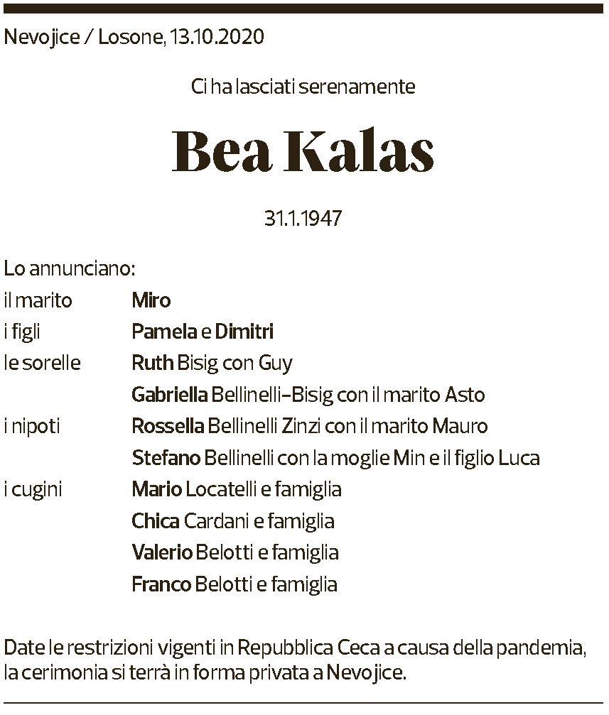Annuncio funebre Bea Kalas