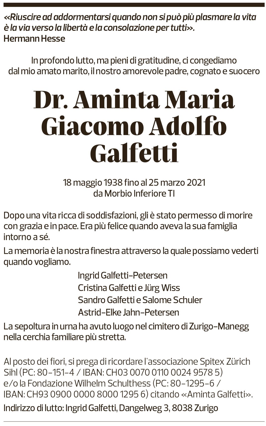 Annuncio funebre Aminta Maria Giacomo Adolfo Galfetti