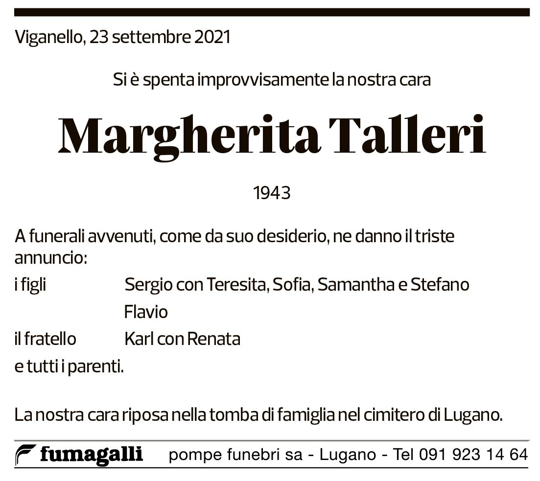 Annuncio funebre Margherita Talleri