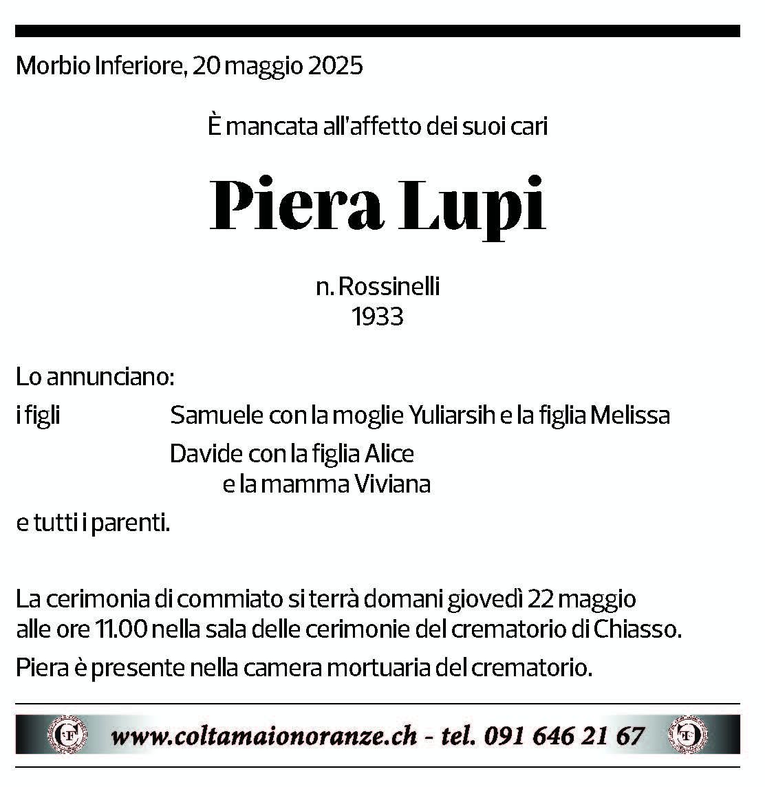 Annuncio funebre Piera Lupi