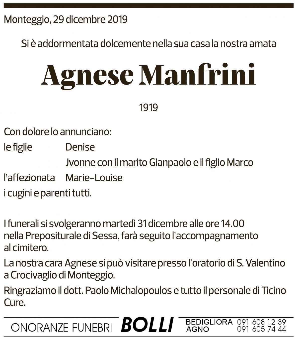 Annuncio funebre Agnese Manfrini