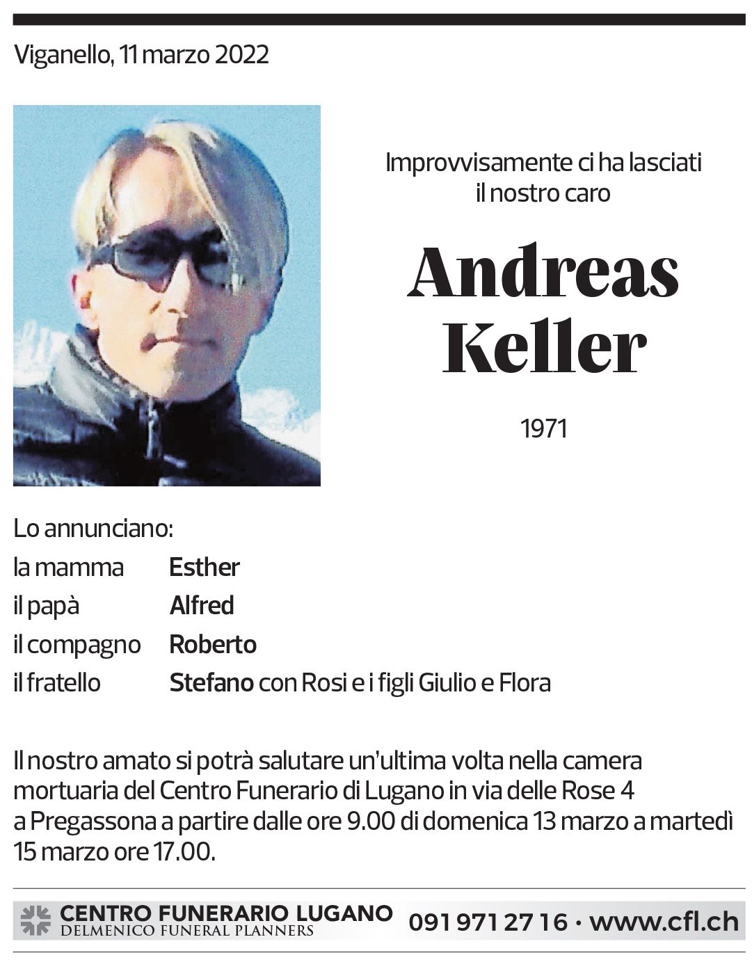 Annuncio funebre Andreas Keller