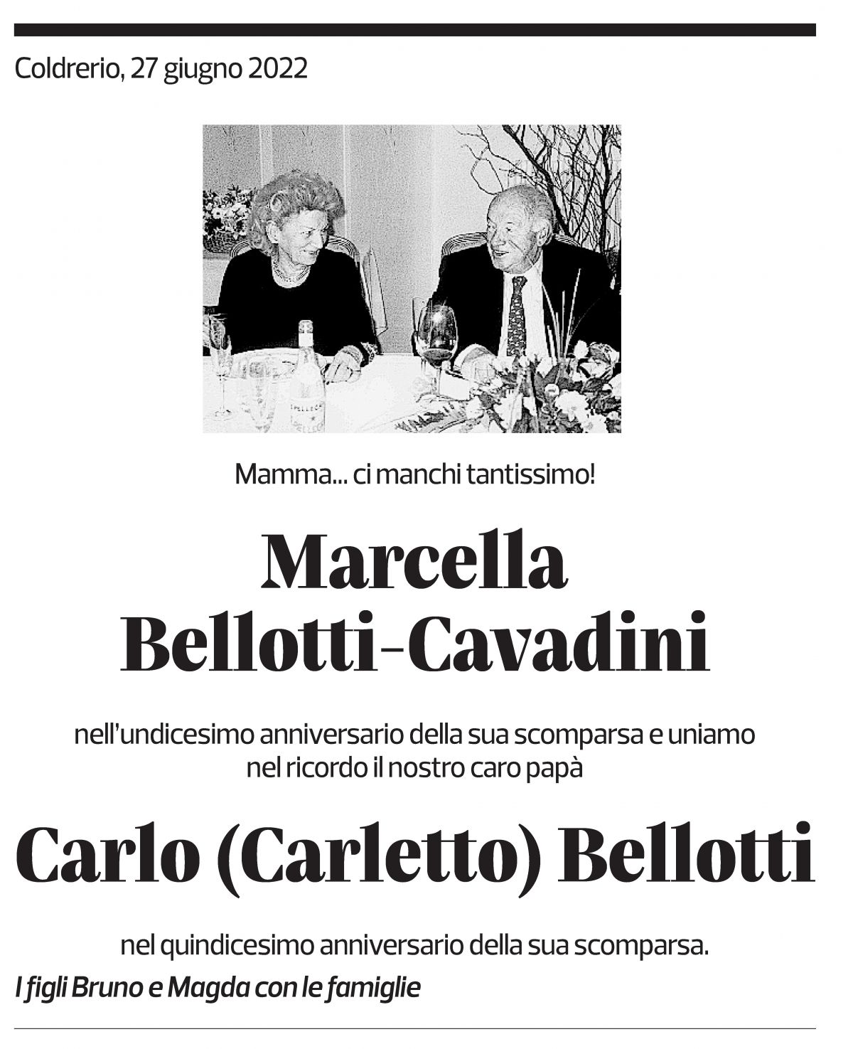 Annuncio funebre Marcella  E Carlo (carletto) Bellotti - Cavadini