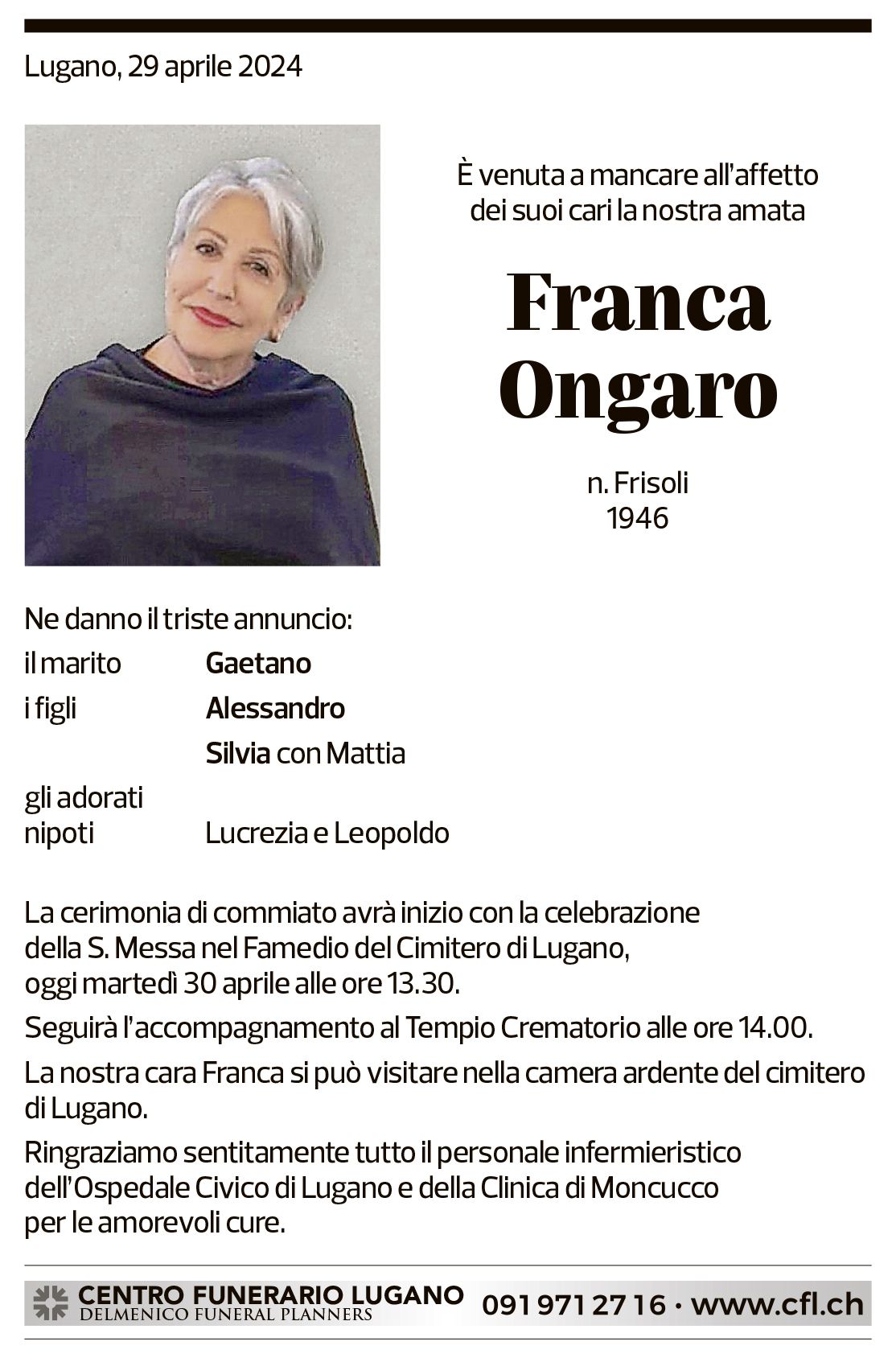 Annuncio funebre Franco Ongaro