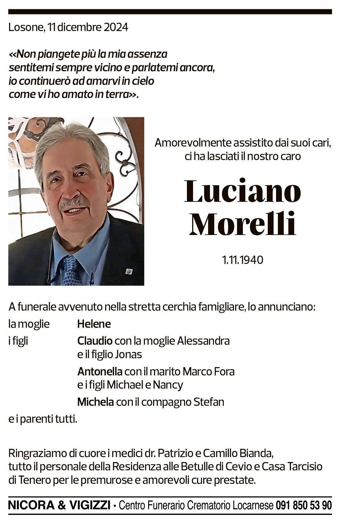 Annuncio funebre Luciano Morelli