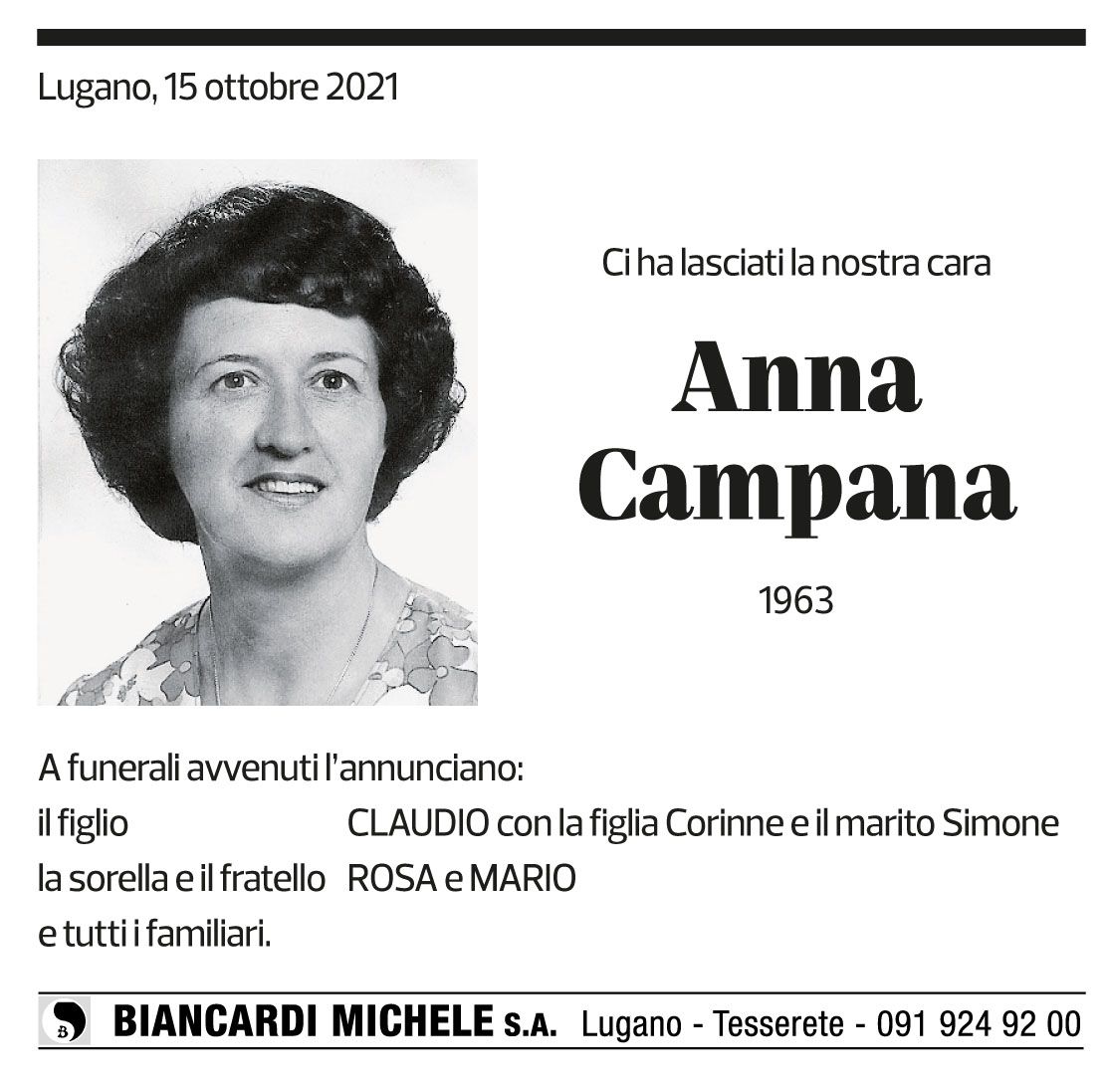 Annuncio funebre Anna Campana