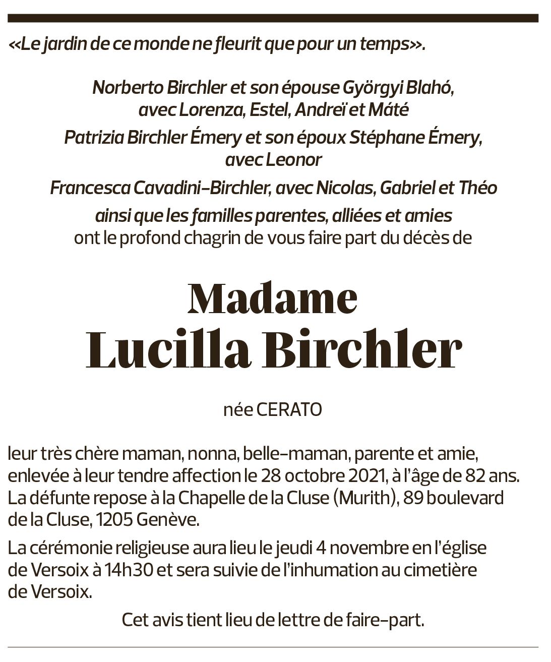 Annuncio funebre Lucilla Bircher