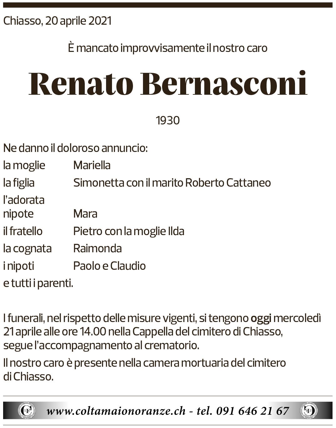 Annuncio funebre Renato Bernasconi