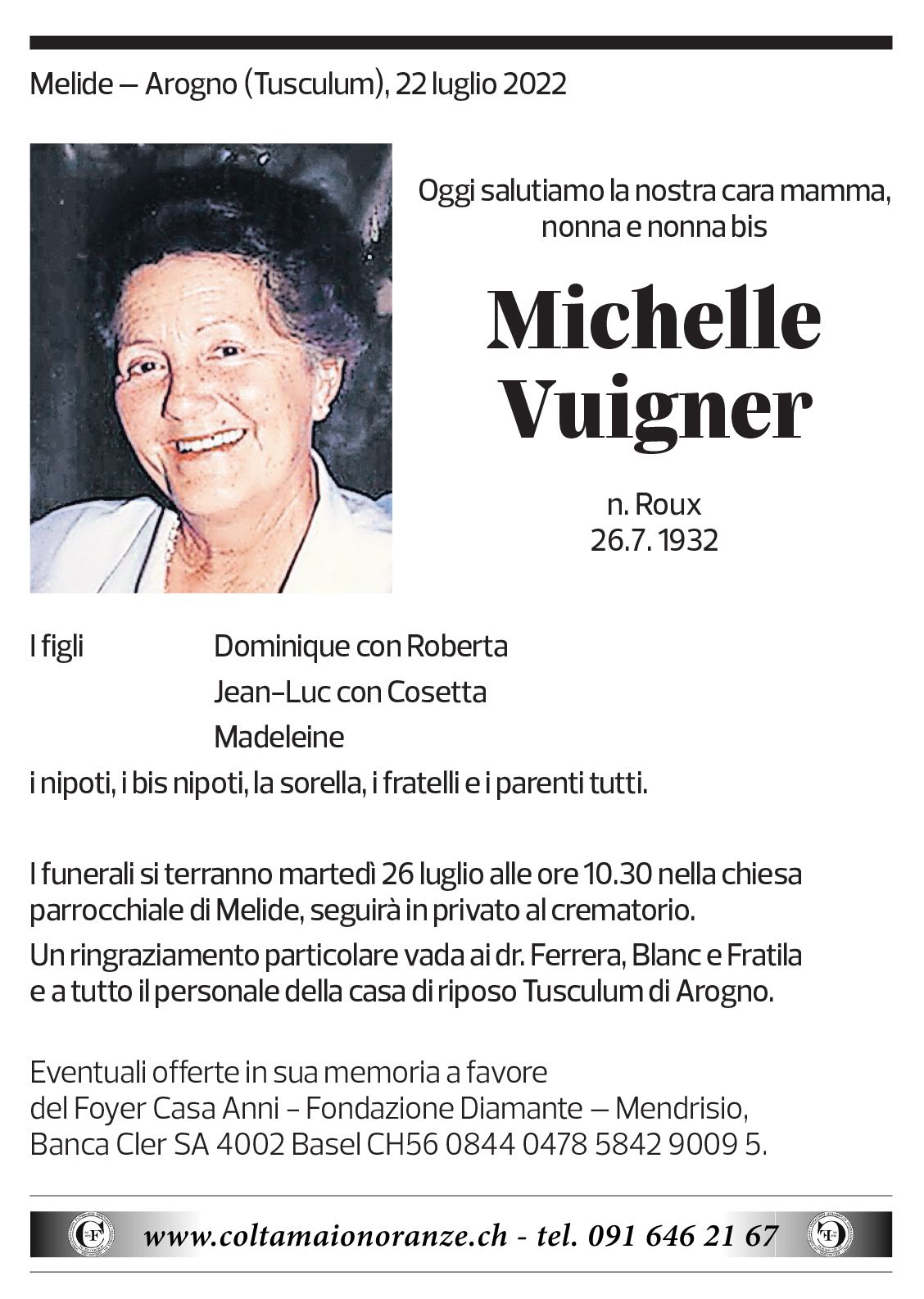 Annuncio funebre Michelle Vuigner