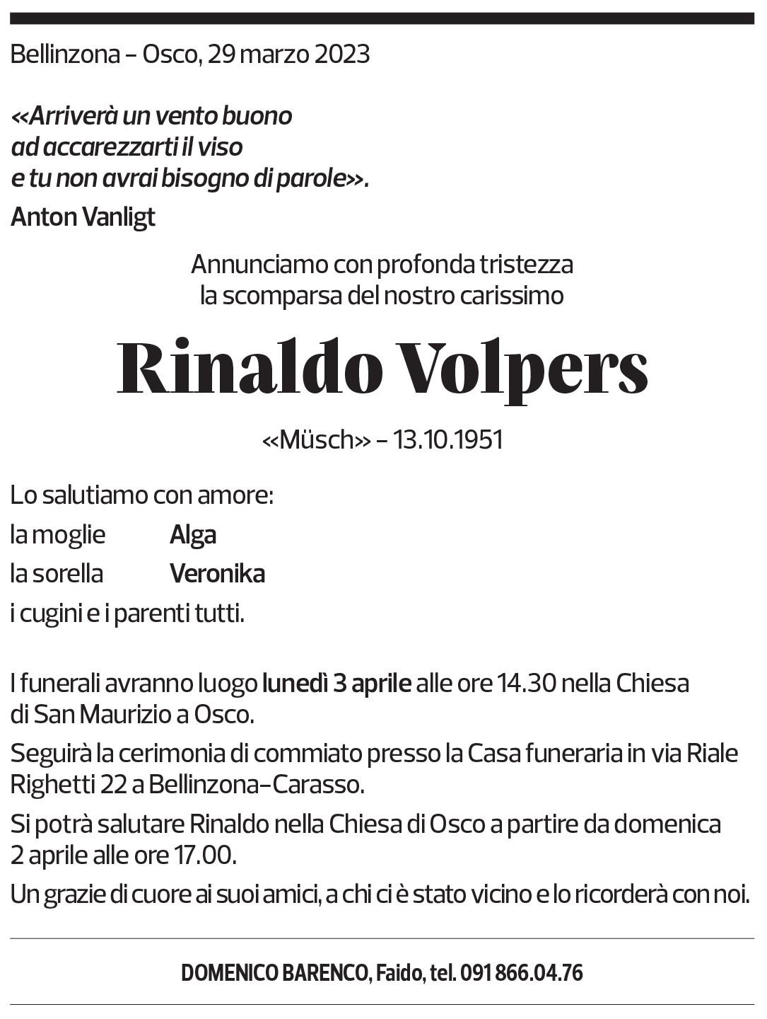 Annuncio funebre Rinaldo Volpers