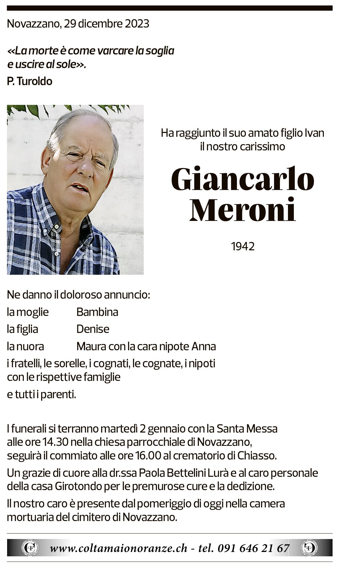 Annuncio funebre Giancarlo Meroni