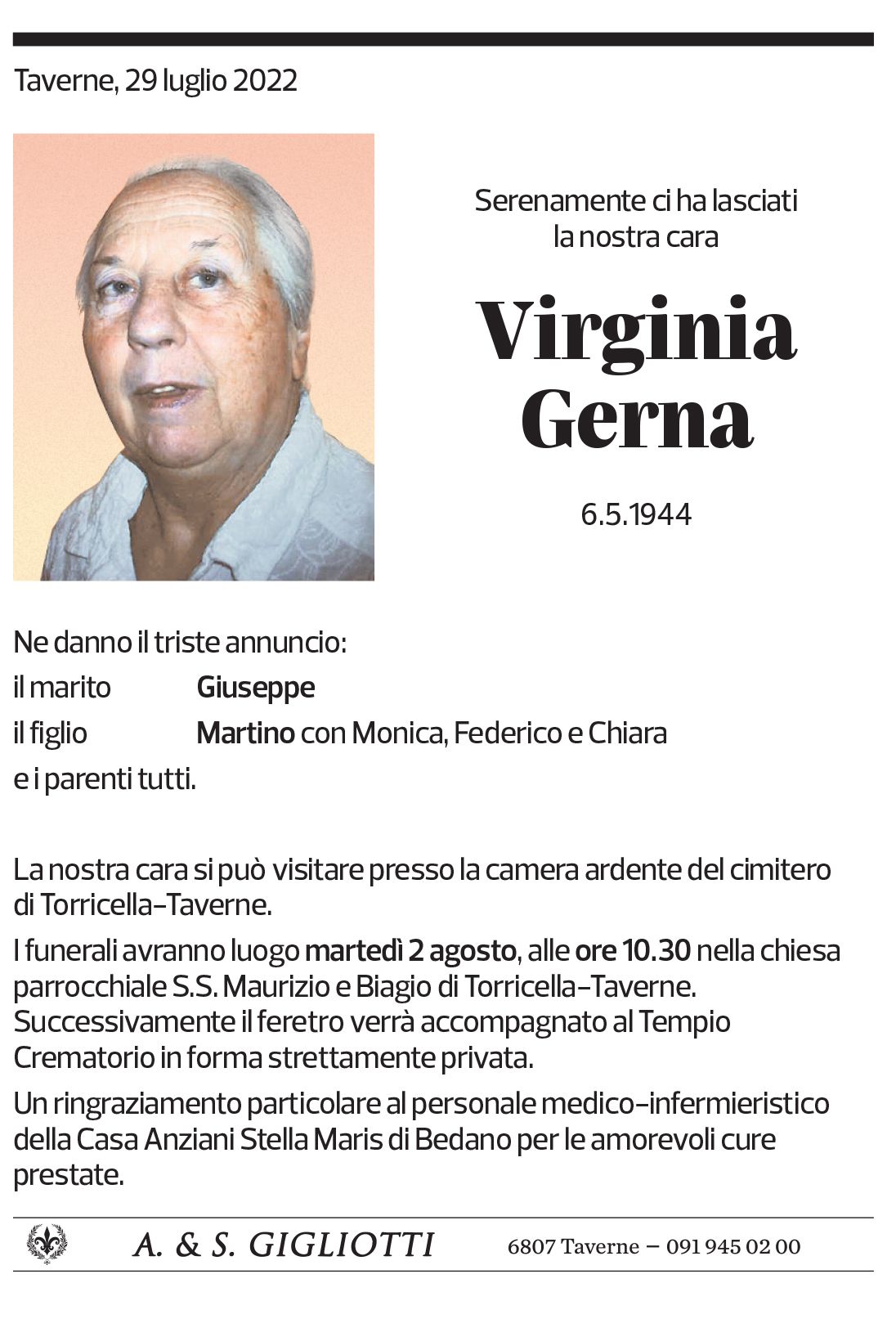 Annuncio funebre Virginia Gerna