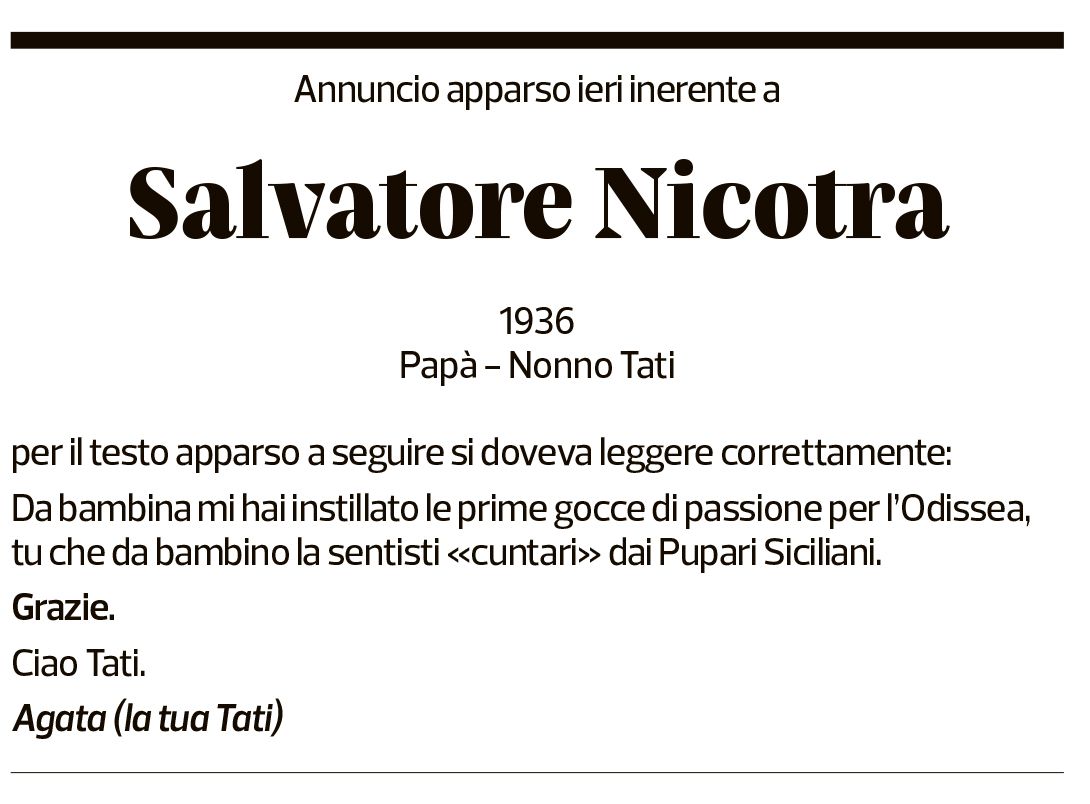 Annuncio funebre Salvatore Nicotra