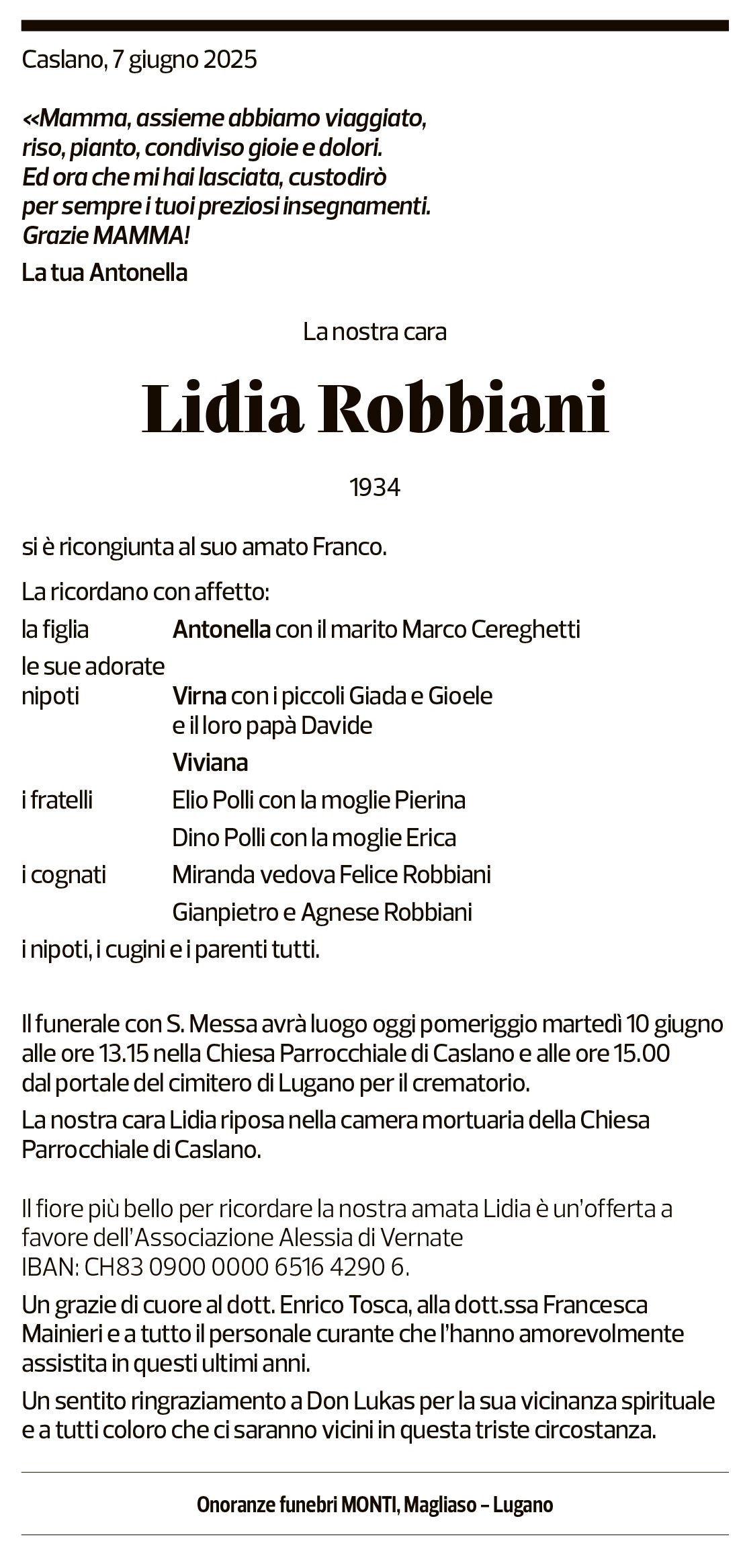 Annuncio funebre Lidia Robbiani