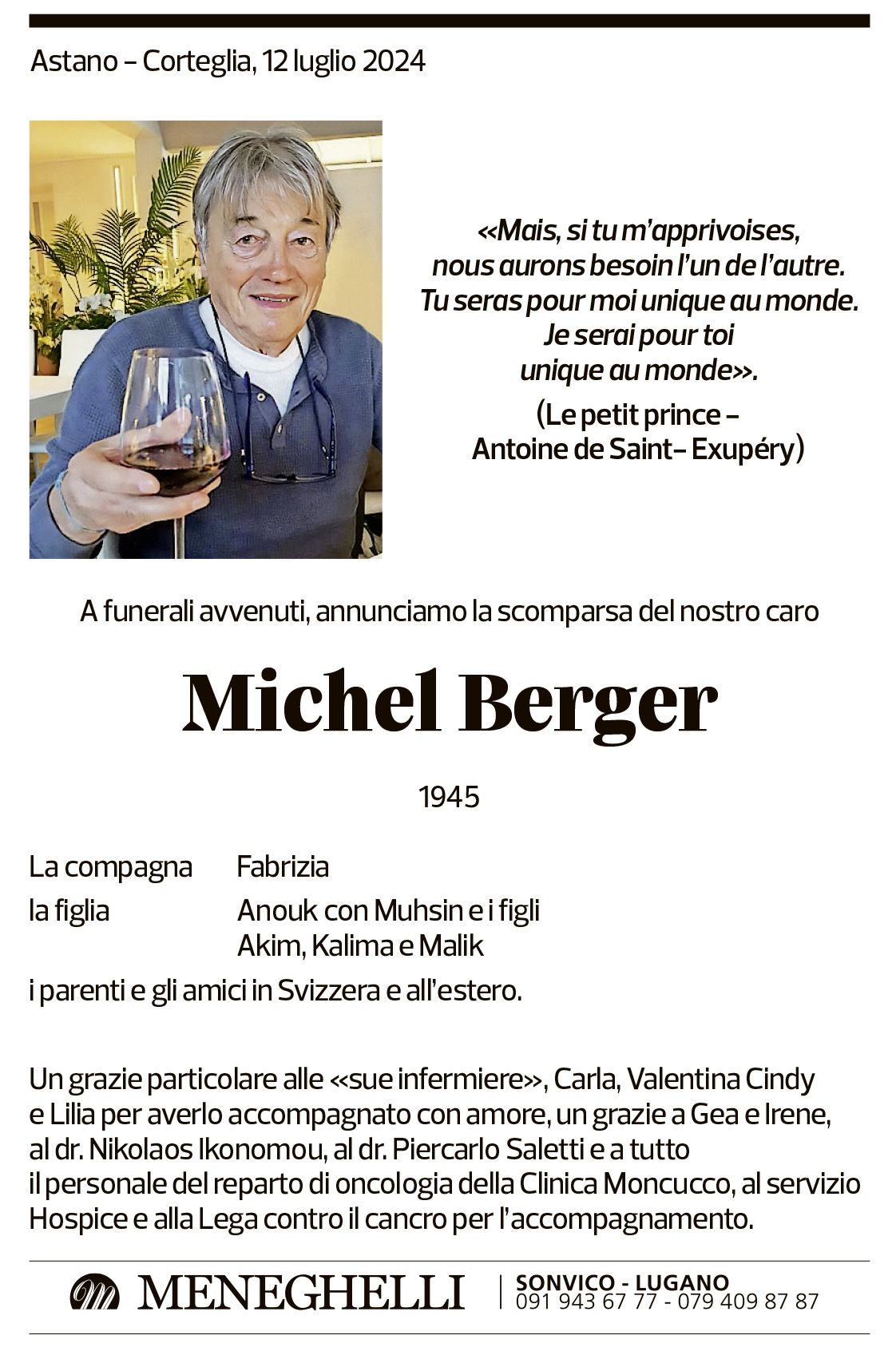 Annuncio funebre Michel Berger