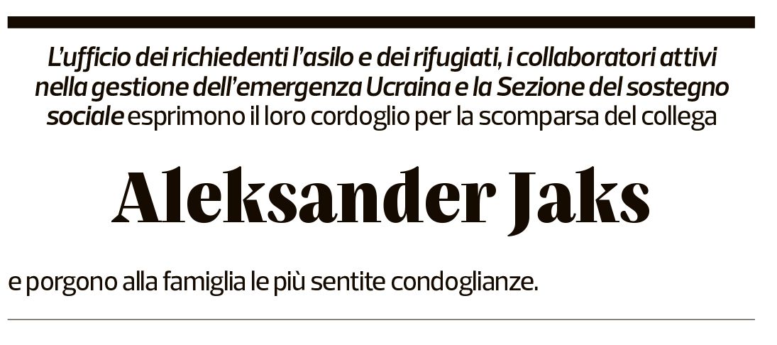 Annuncio funebre Aleksander Jaks