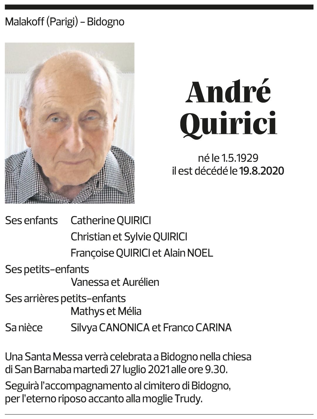 Annuncio funebre André Quirici