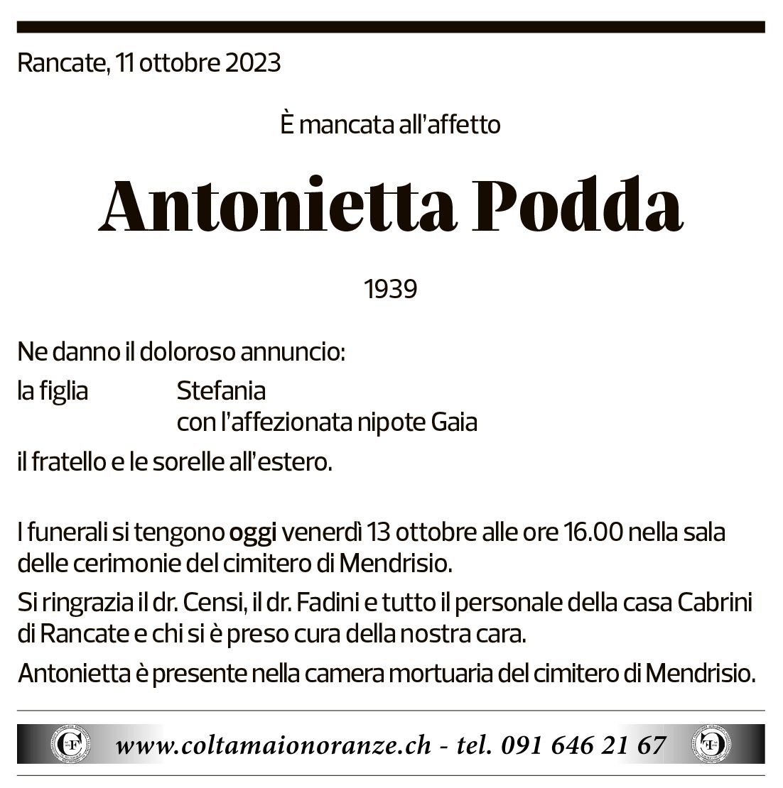 Annuncio funebre Antonietta Podda