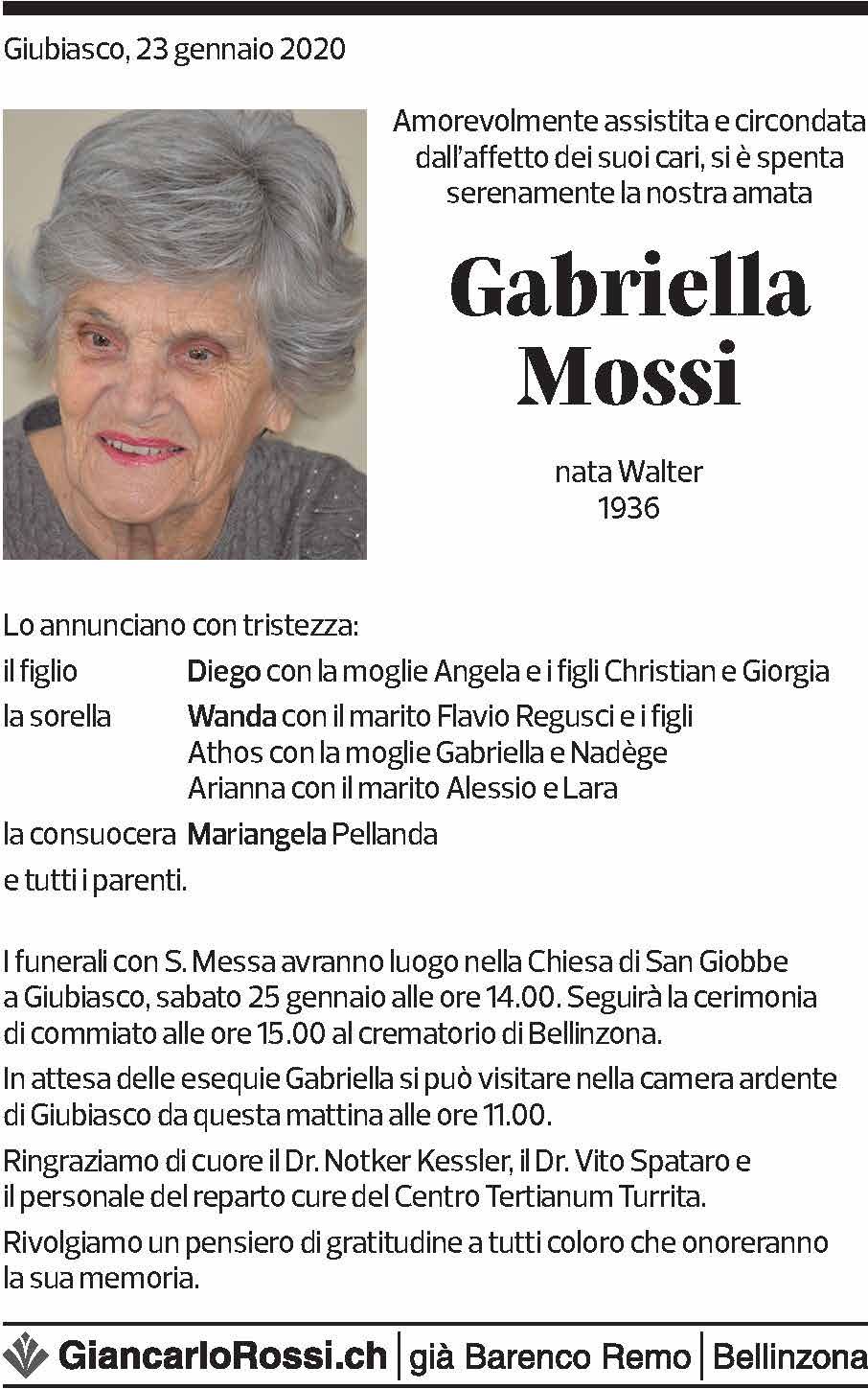 Annuncio funebre Gabriella Mossi