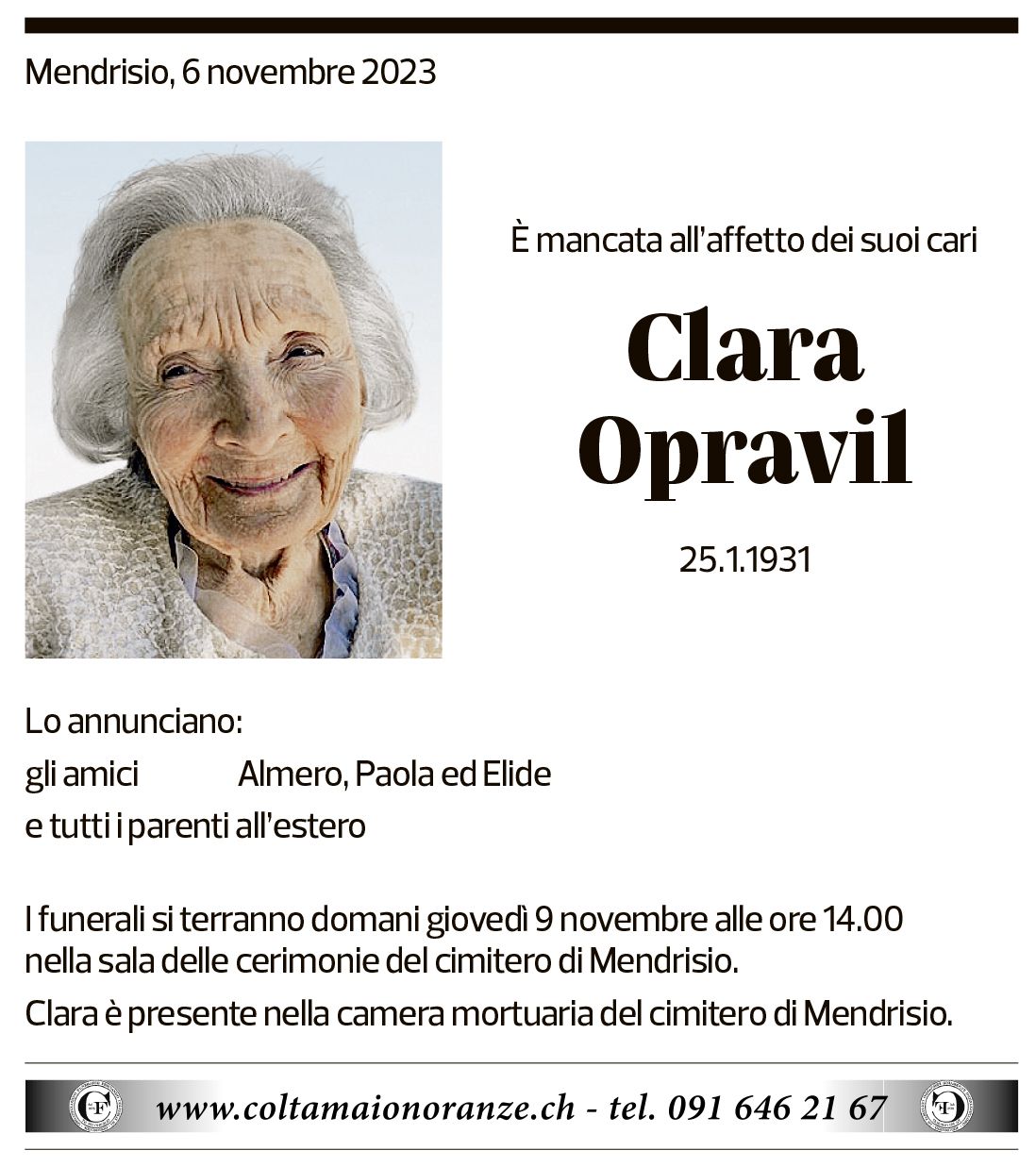 Annuncio funebre Clara Opravil