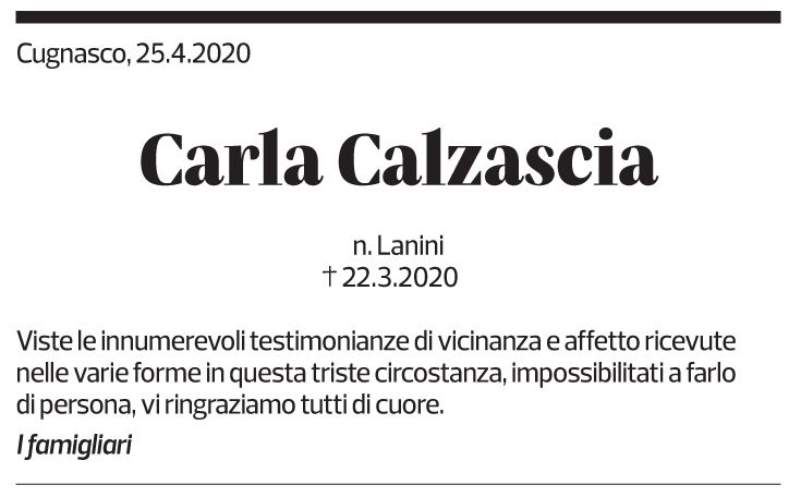 Annuncio funebre Carla Calzascia