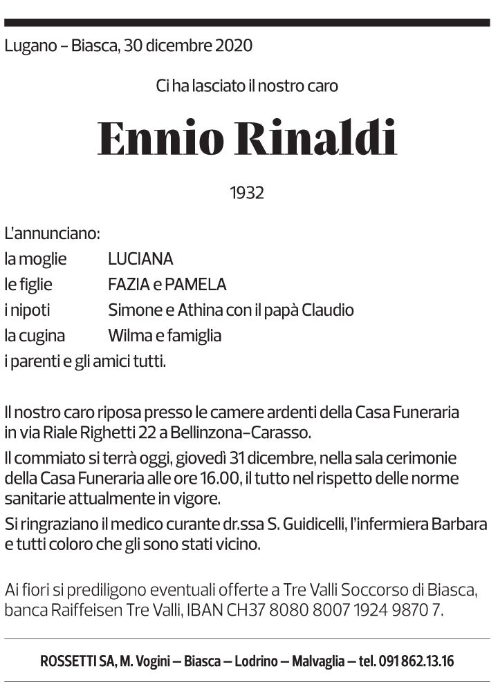 Annuncio funebre Ennio Rinaldi
