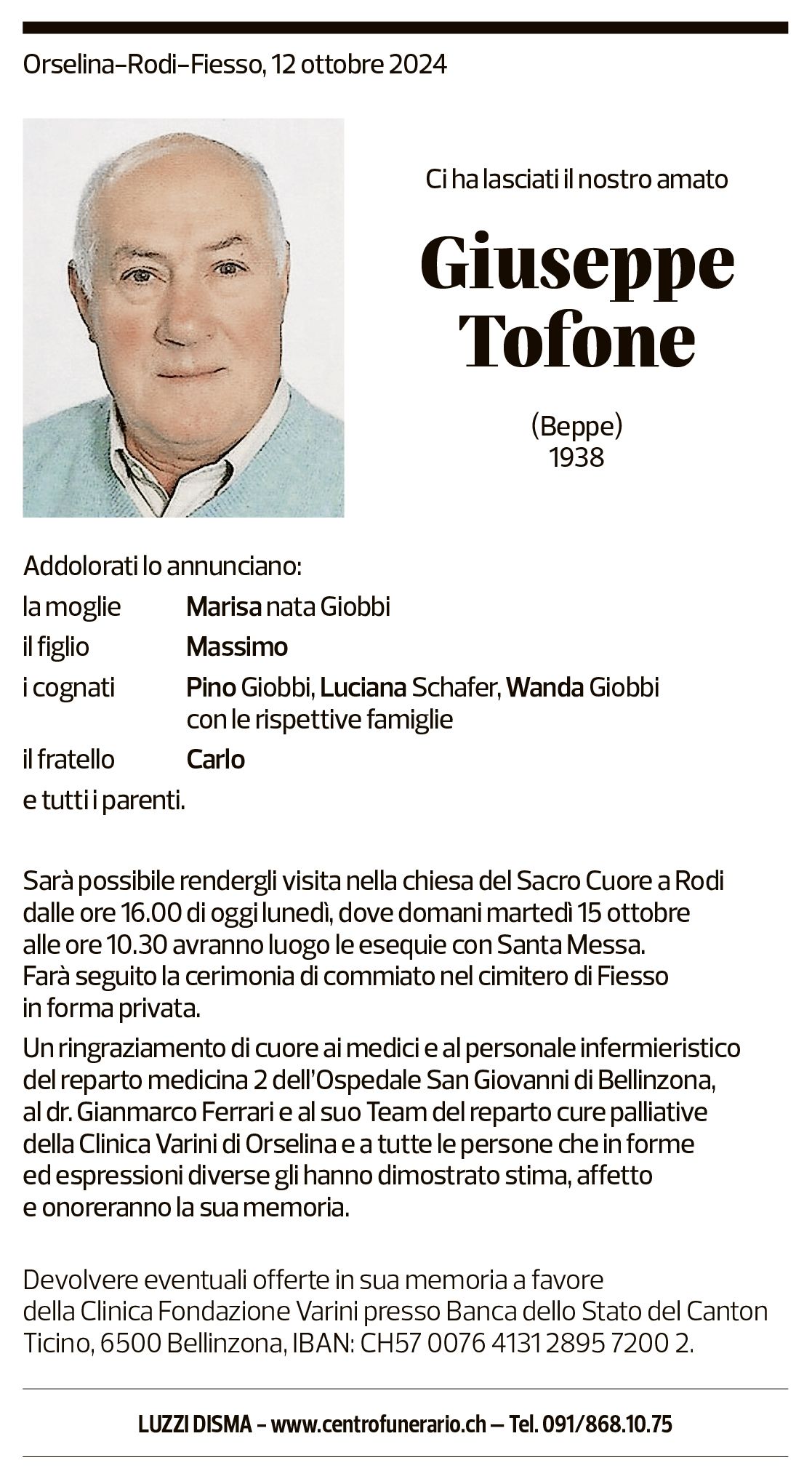 Annuncio funebre Giuseppe Tofone