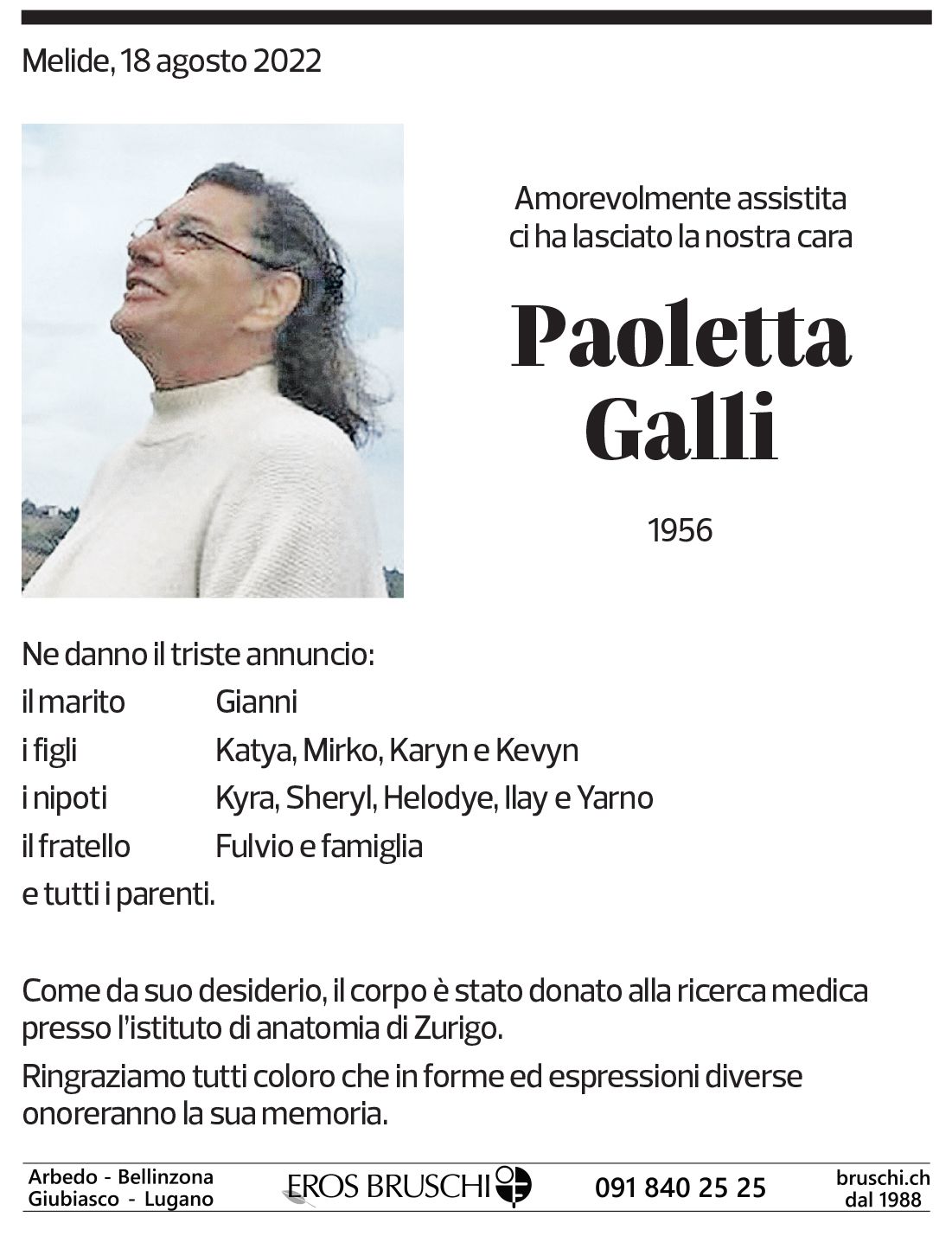 Annuncio funebre Paoletta Galli
