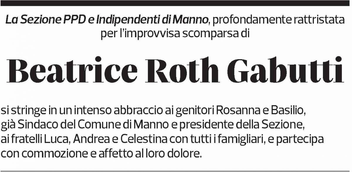 Annuncio funebre Bea Roth Gabutti