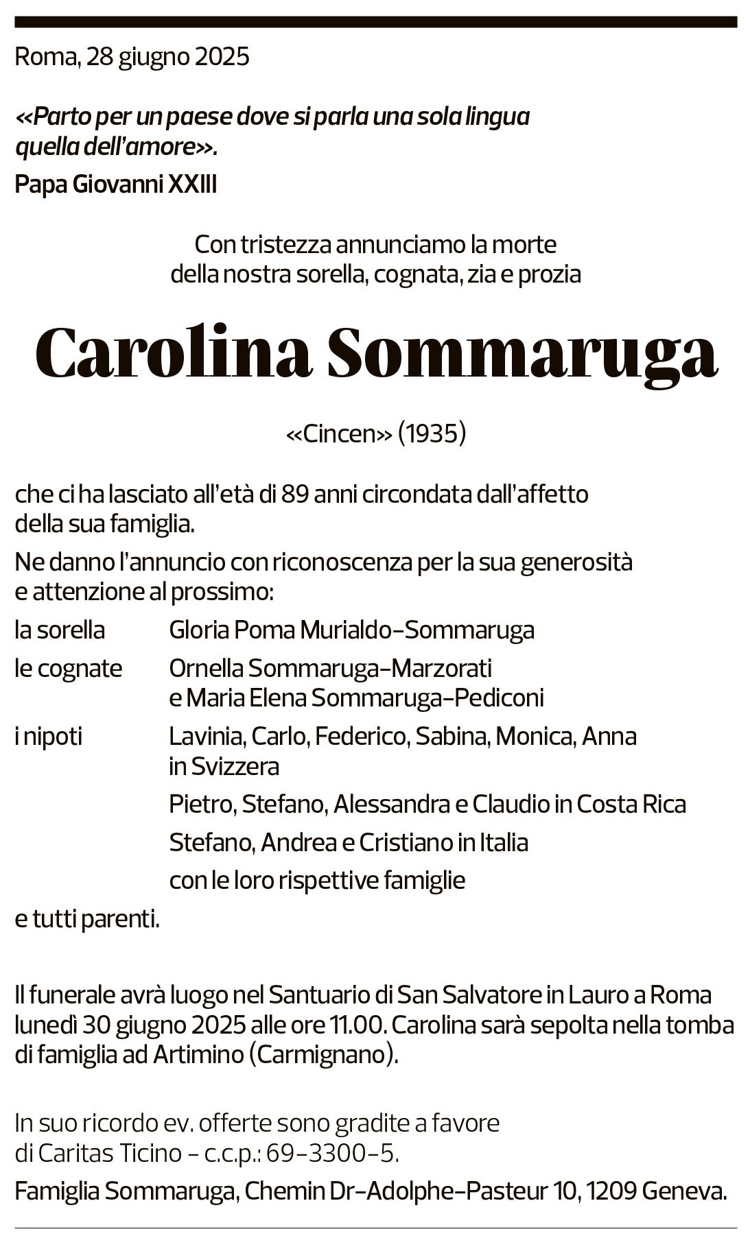 Annuncio funebre Carolina Sommaruga