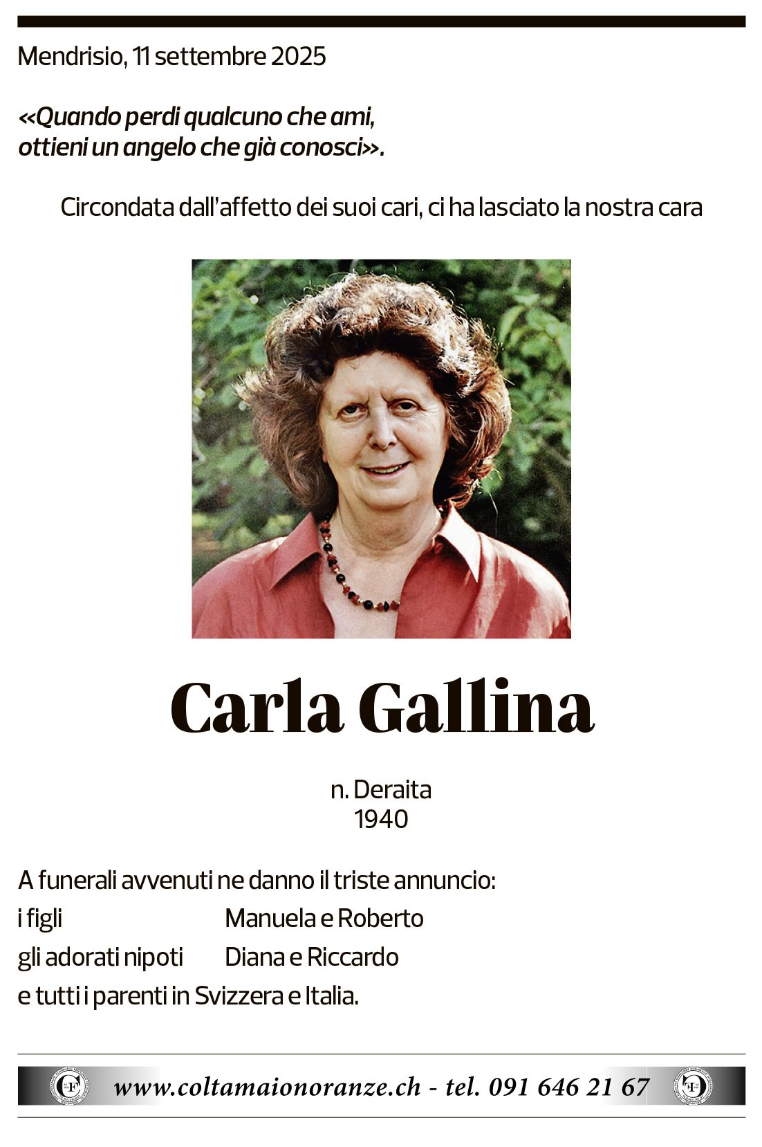Annuncio funebre Carla Gallina