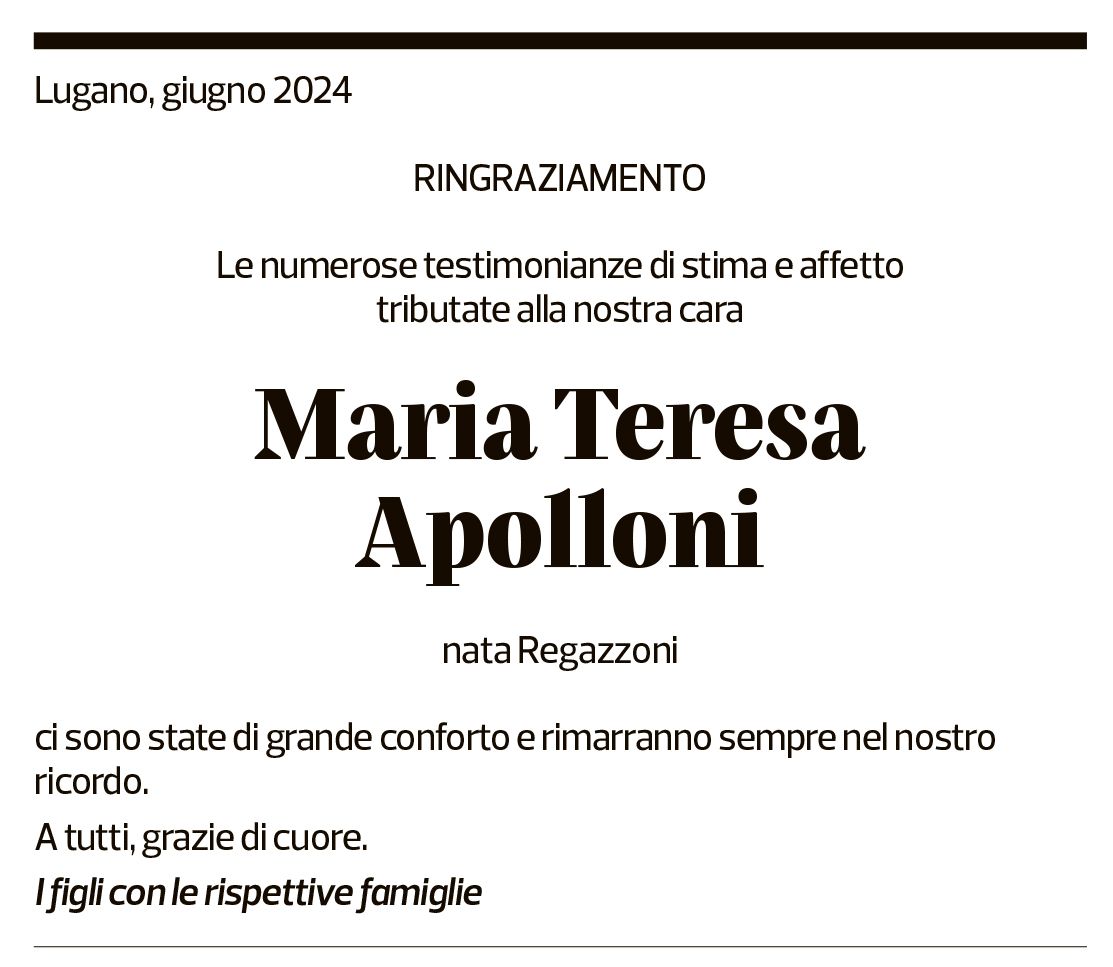 Annuncio funebre Maria Teresa Apolloni