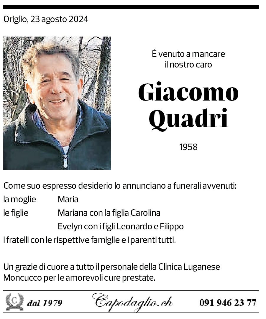 Annuncio funebre Giacomo Quadri