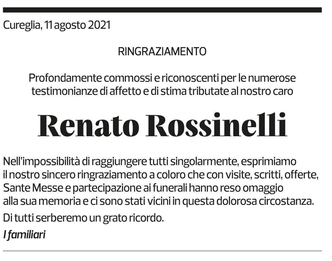 Annuncio funebre Renato Rossinelli