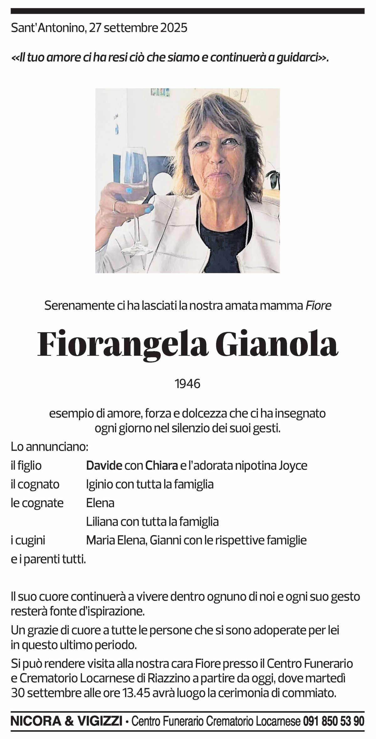 Annuncio funebre Fiorangela Gianola
