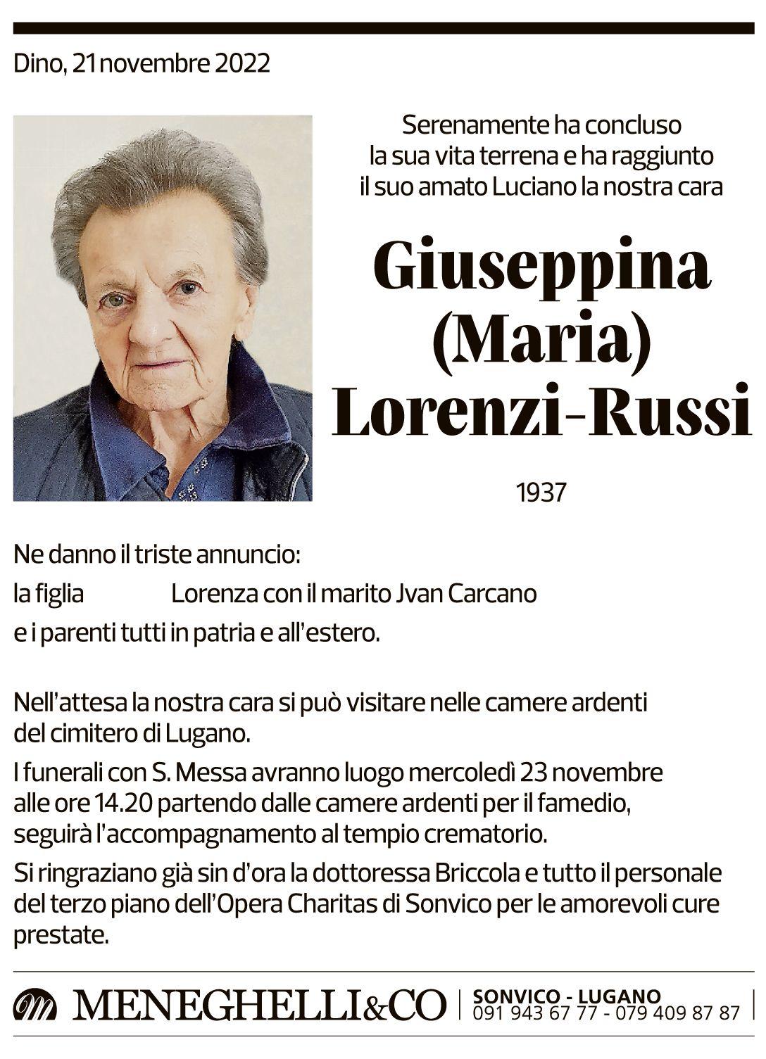 Annuncio funebre Giuseppina Lorenzi-russi