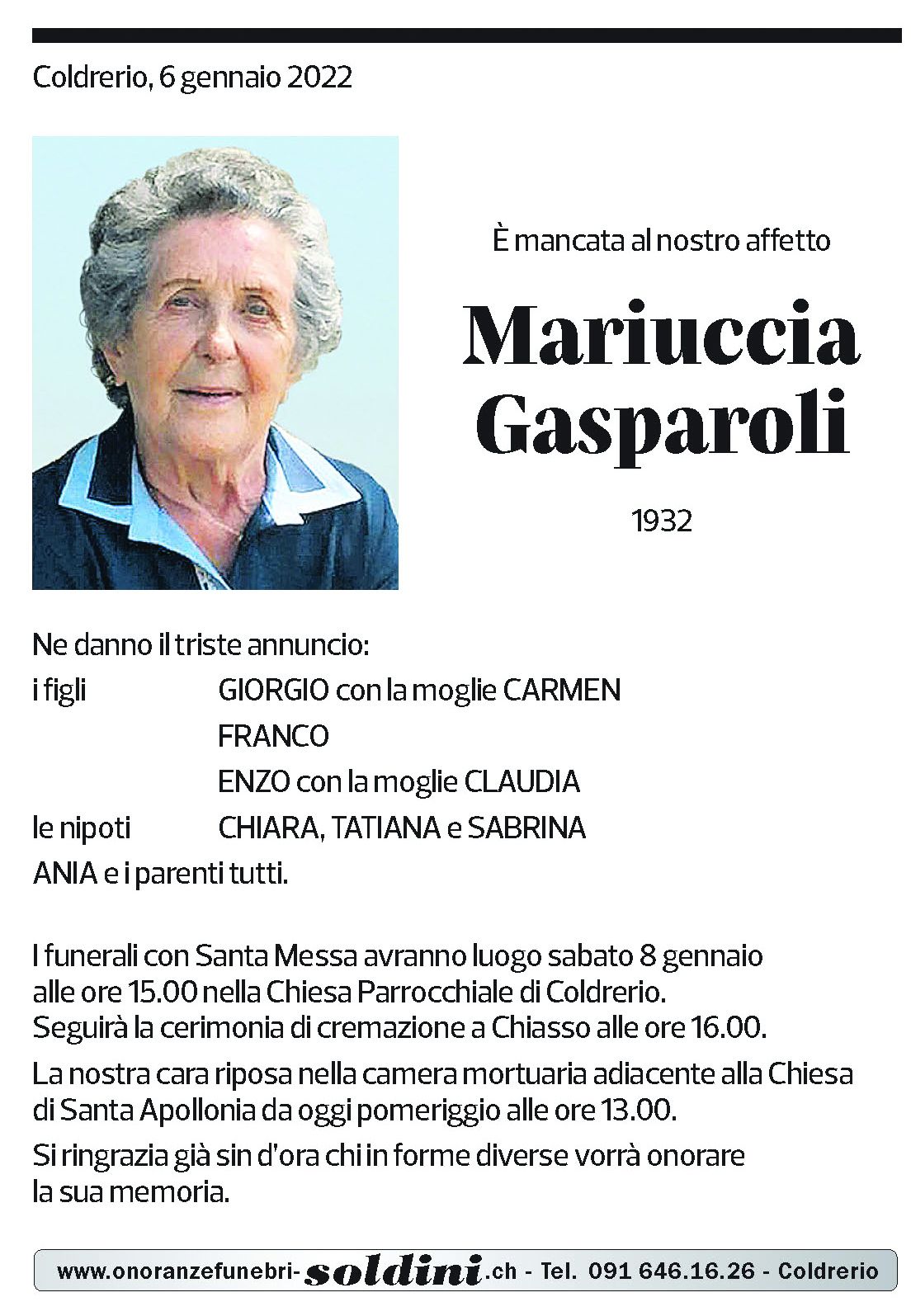 Annuncio funebre Mariuccia Gasparoli