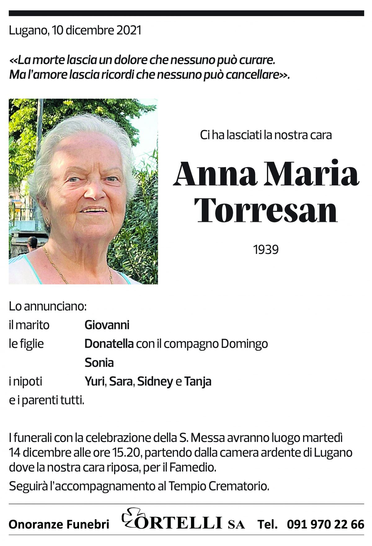 Annuncio funebre Anne Maria Torresan