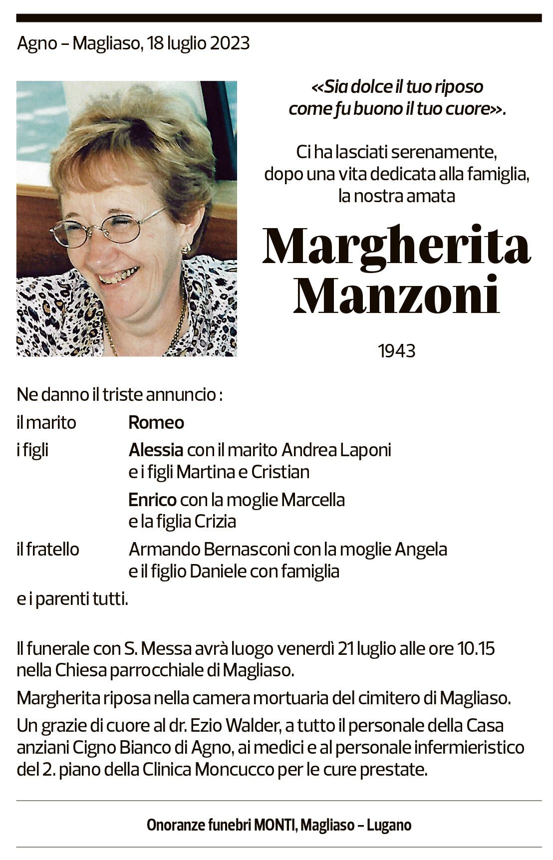 Annuncio funebre Margherita Manzoni