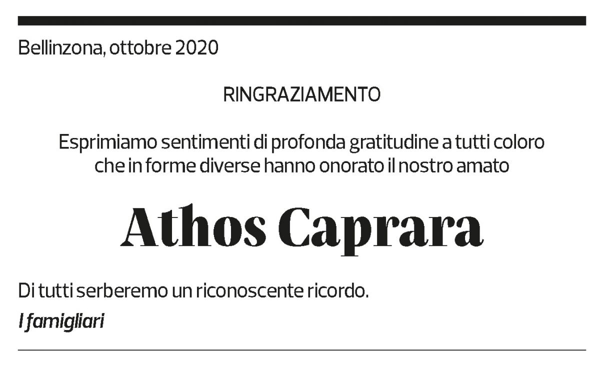 Annuncio funebre Athos Caprara