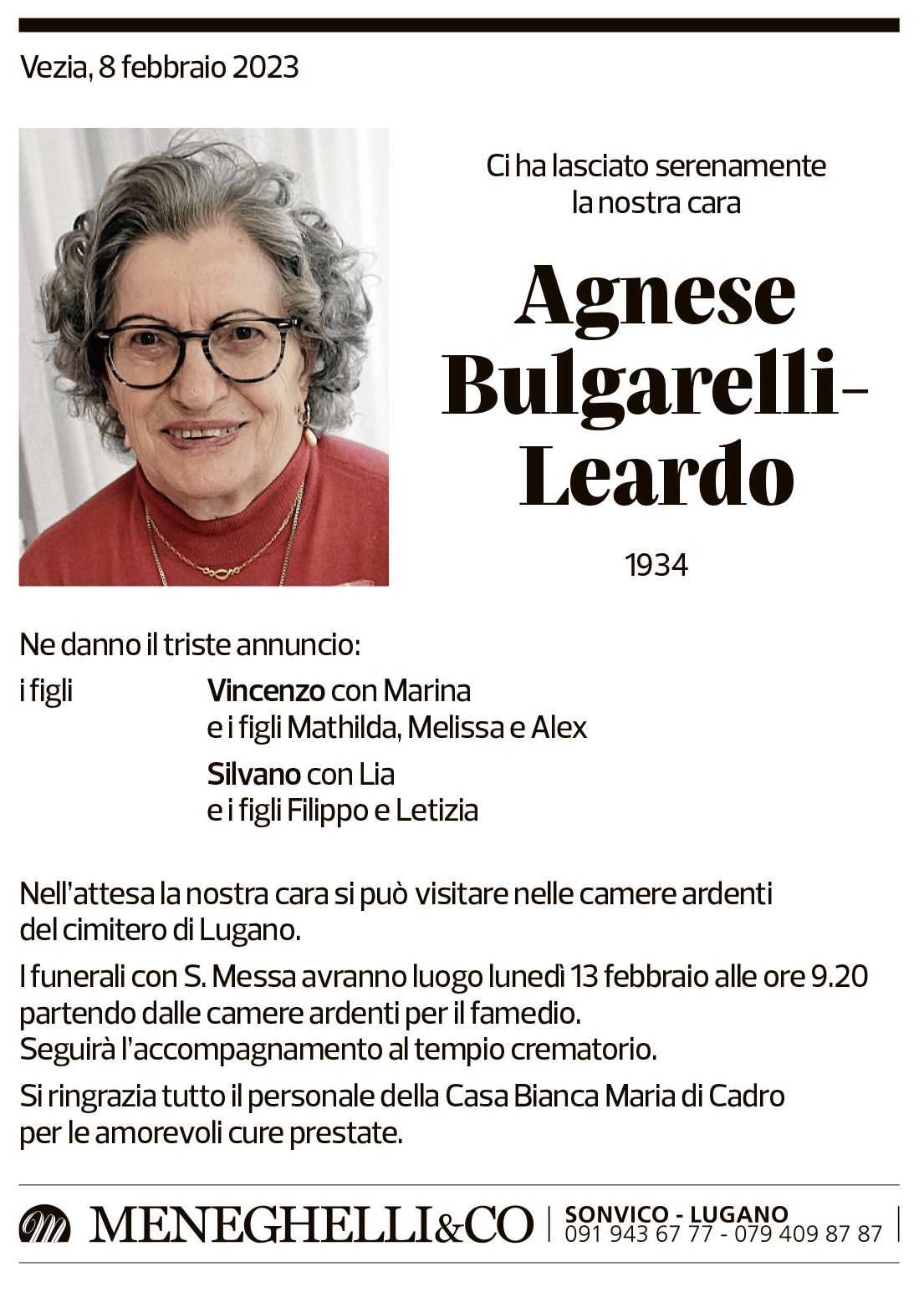 Annuncio funebre Agnese Bulgarelli-leardo