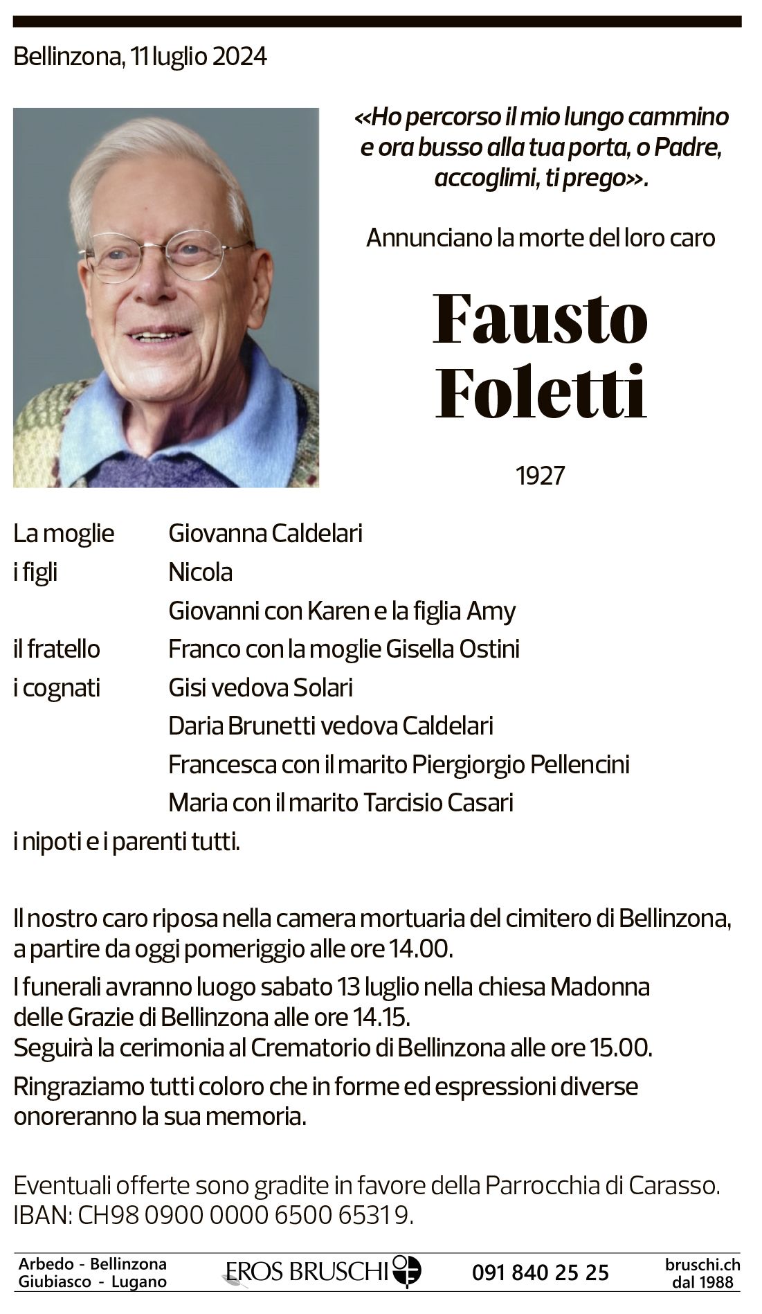 Annuncio funebre Fausto Foletti