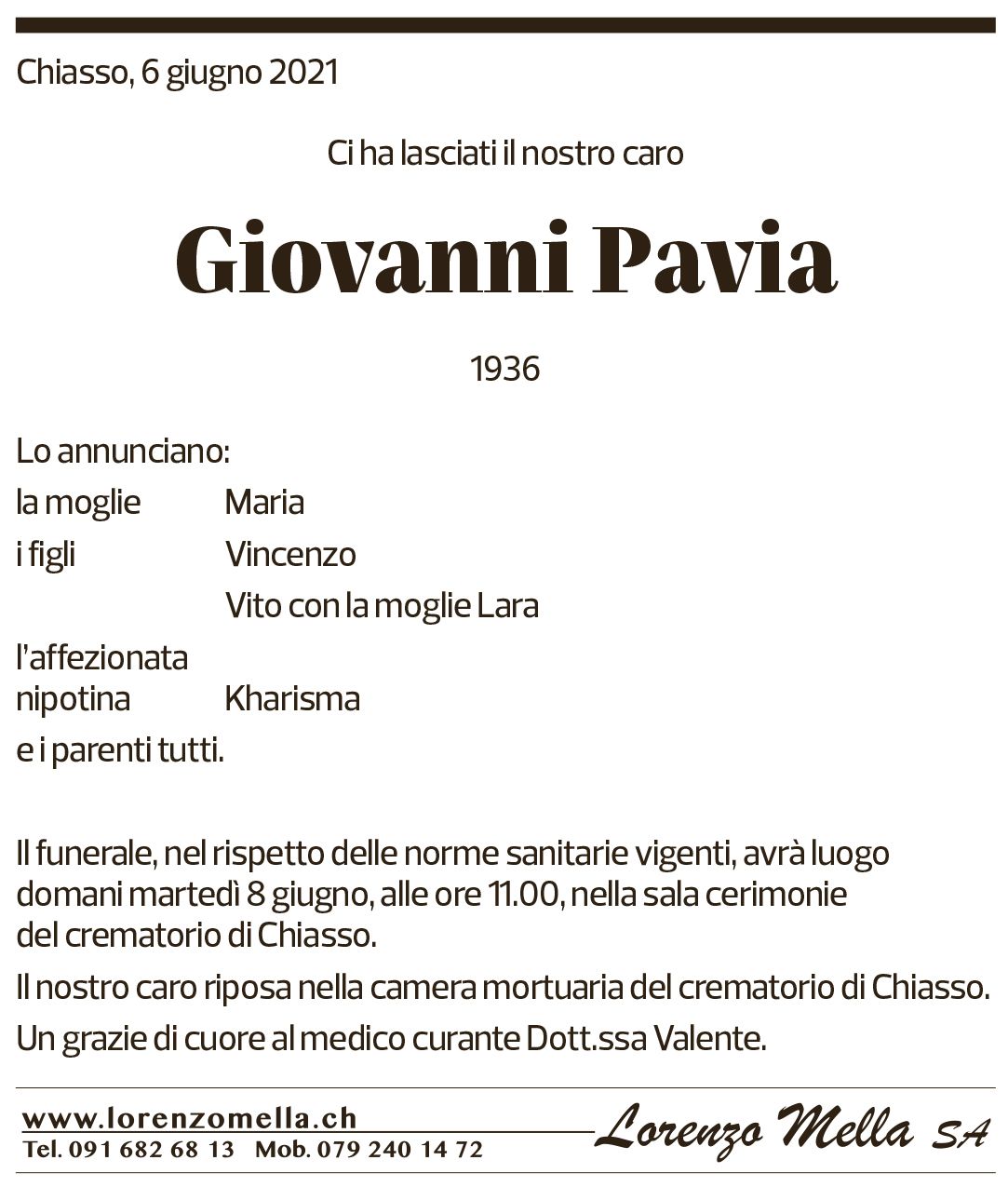 Annuncio funebre Giovanni Pavia