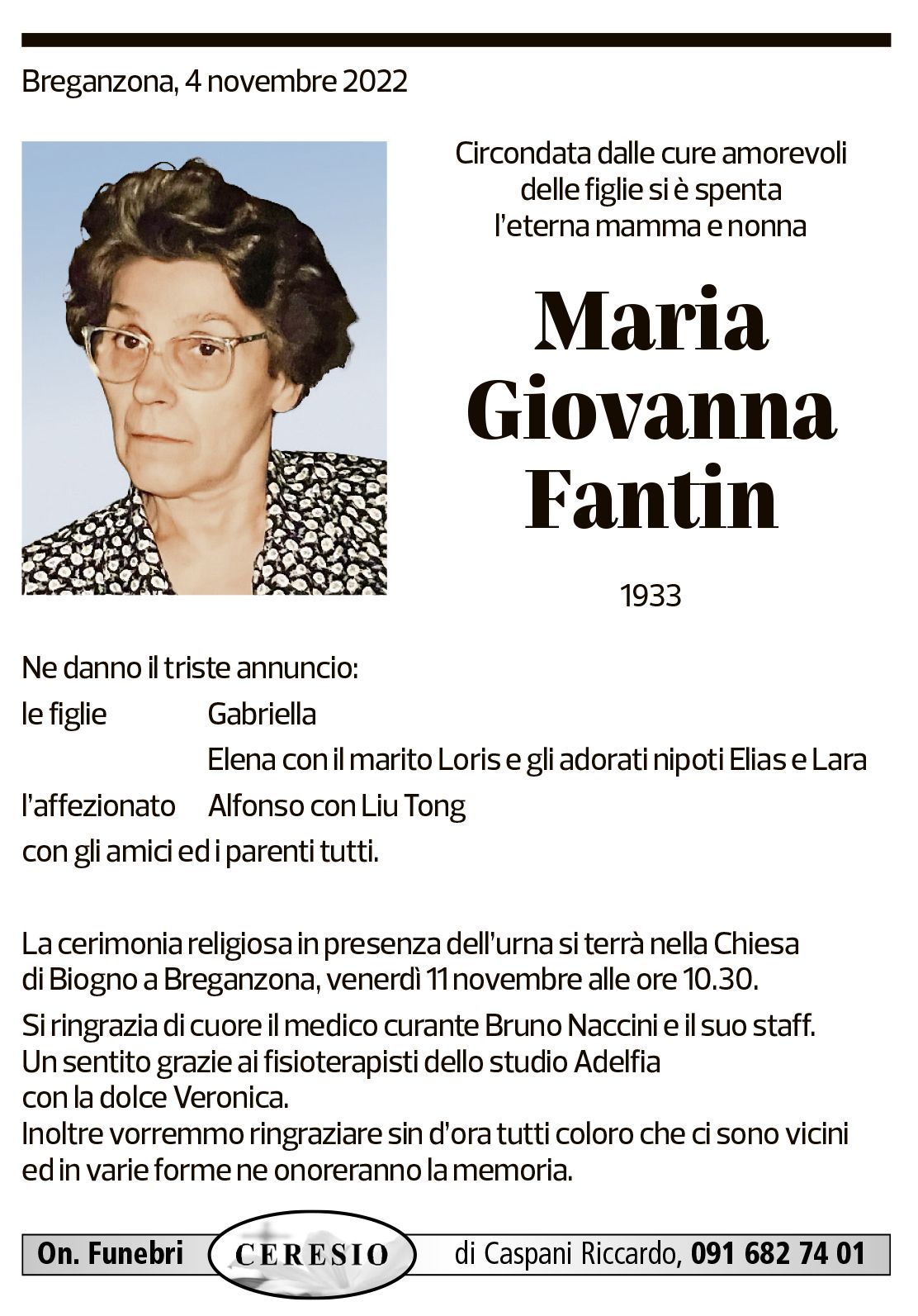 Annuncio funebre Maria Giovanna Fantin