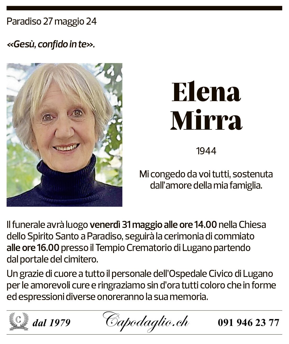 Annuncio funebre Elena Mirra