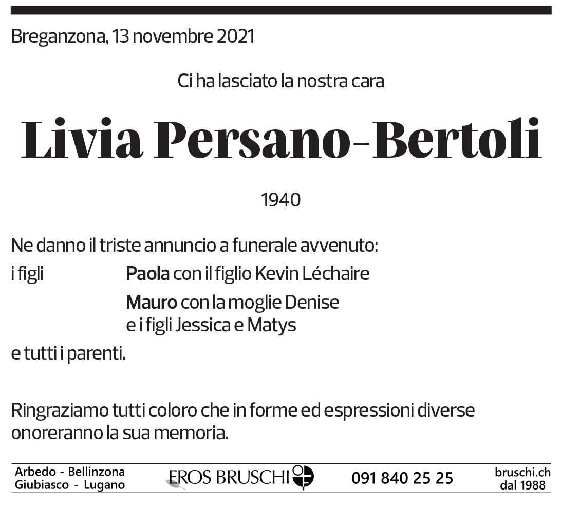 Annuncio funebre Livia Persano-bertoli