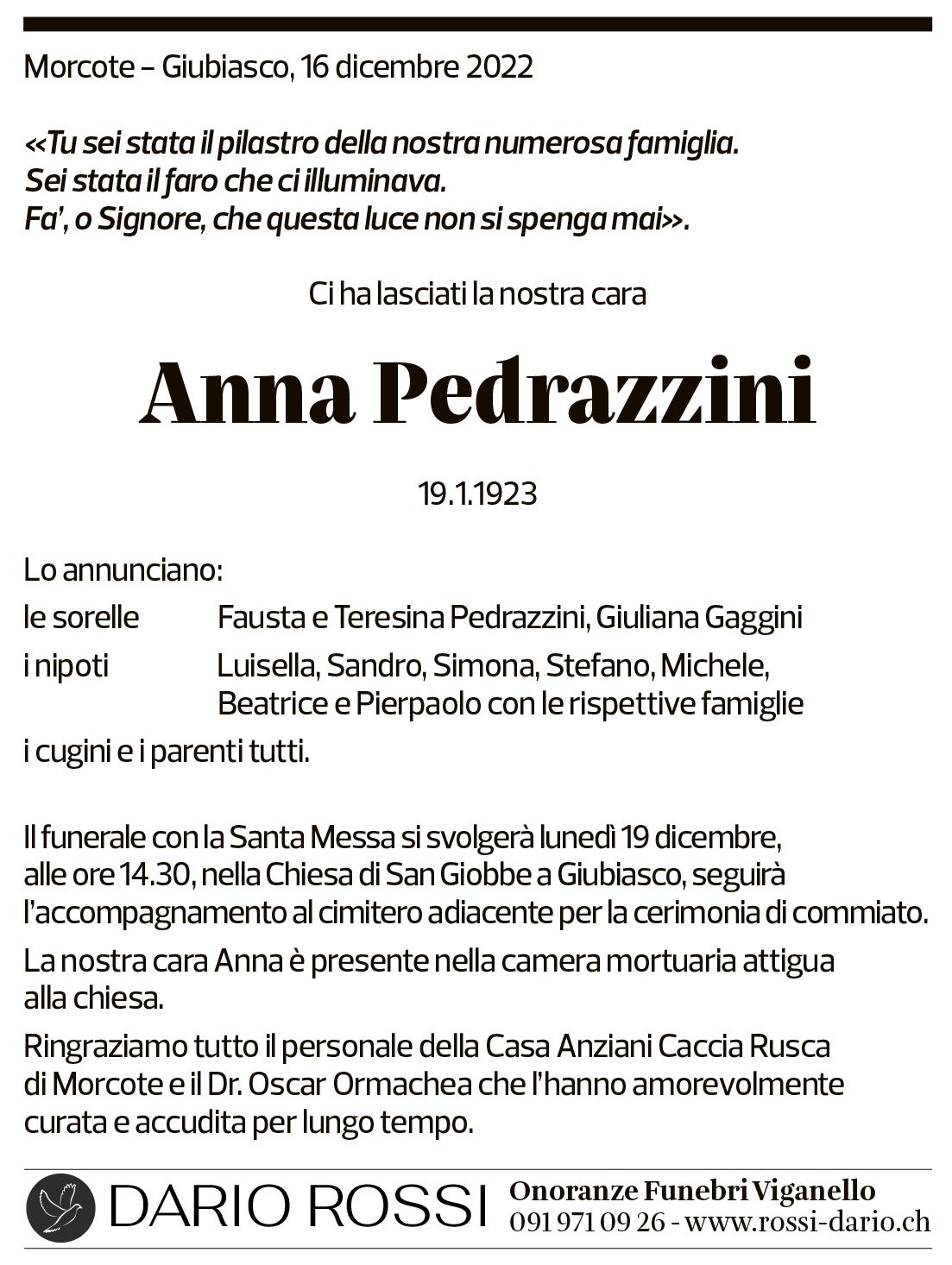 Annuncio funebre Anna Pedrazzini