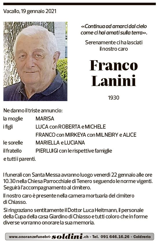 Annuncio funebre Franco Lanini